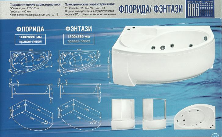 Ванна акриловая BAS - ФЛОРИДА 160 Х88 см. левая/правая в комплекте с каркасом, экраном, полуавтоматическим сливом-переливом и сифоном (на фото - левая!)